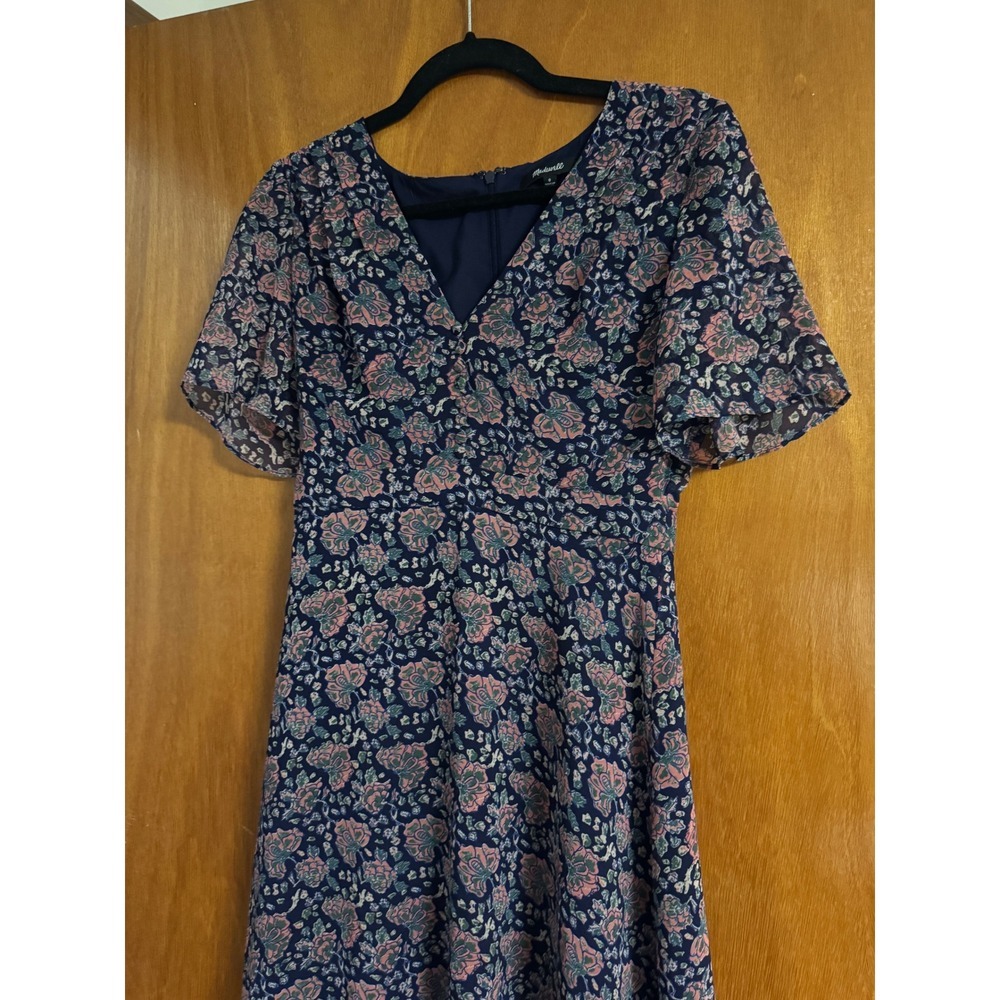 Madewell Orchard Flutter Sleeve Floral V-Neck Mini Dress Navy Blue Pink Size 0 - Picture 5 of 8